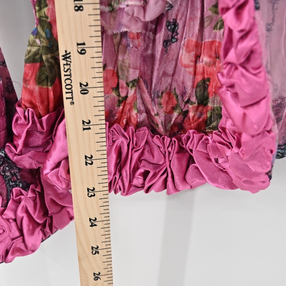 Vtg FANTAZIA Womens Velvet Jacket Size M Pink Floral Paisley Crinkle Ruffle Y2k - Picture 4 of 11